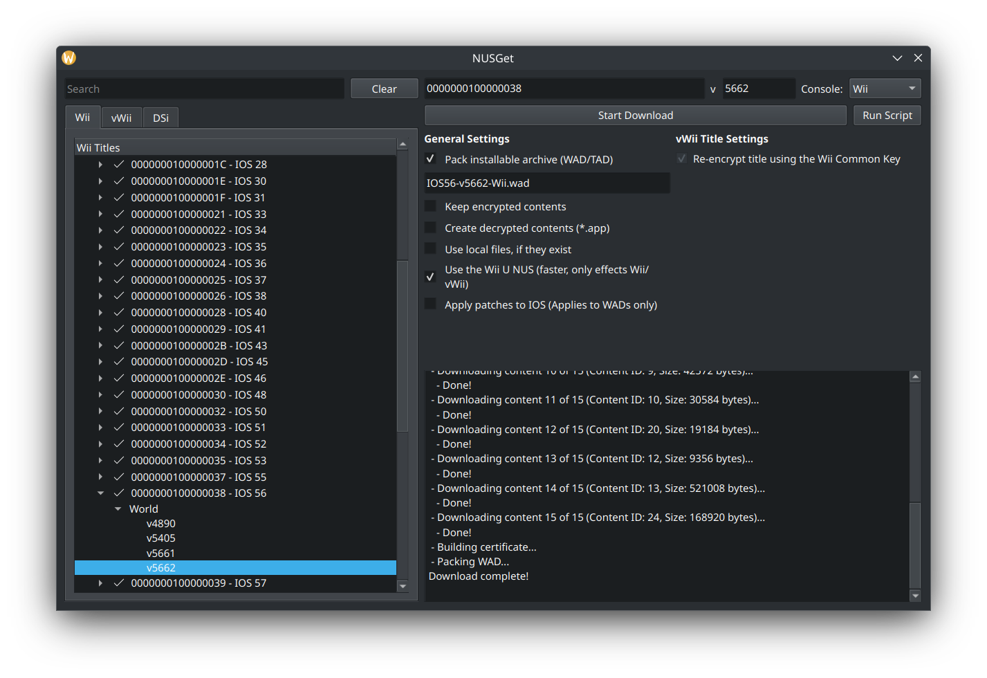 Screenshot of NUSGet options for packing the IOS for Wii